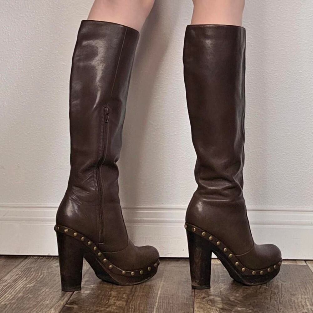 Brown Leather Knee High Platform Boots Studded Clog Heel EU 38 Boho Y2K - Picture 3 of 8